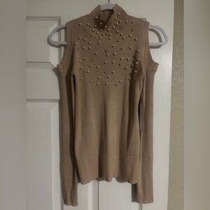 VENUS Beige Ribbed Embellished Cold Shoulder Top